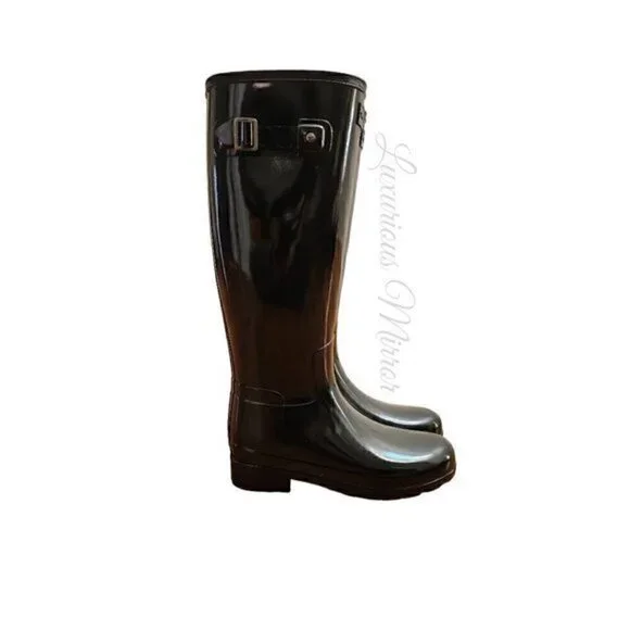 Hunter Womens Tall Gloss Rain Boots 6 Black Rubber Mid Calf Block Buckle New - Picture 4 of 8